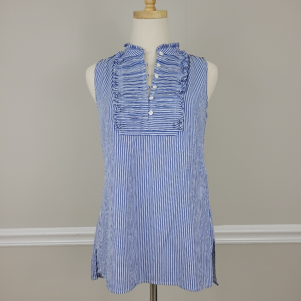 J Crew Blue Striped Ruffle Sleeveless Top Size 4